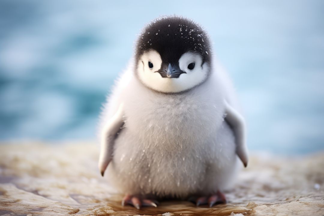 Cute Fluffy Penguin Chick on Icy Surface Near Ocean - Free Images, Stock Photos and Pictures on Pikwizard.com
