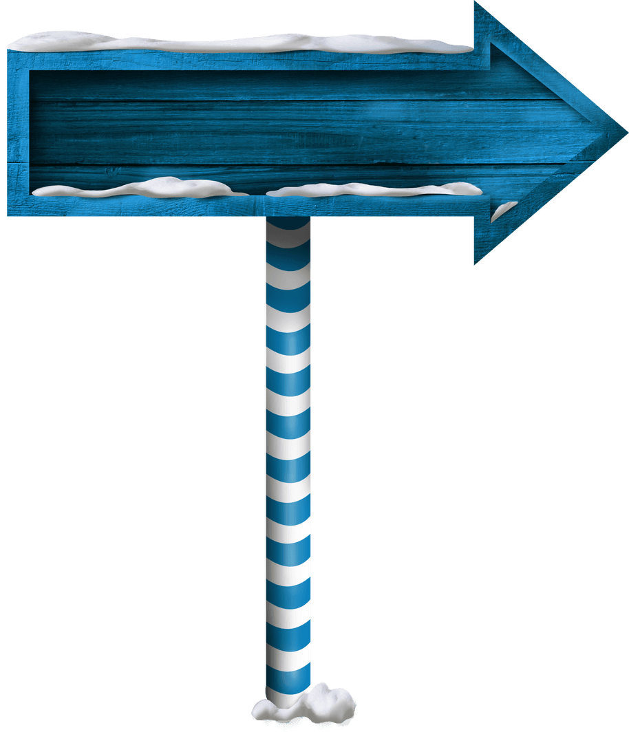 Wooden Snow-Covered Arrow Signpost with Stripe Pole on Transparent Background