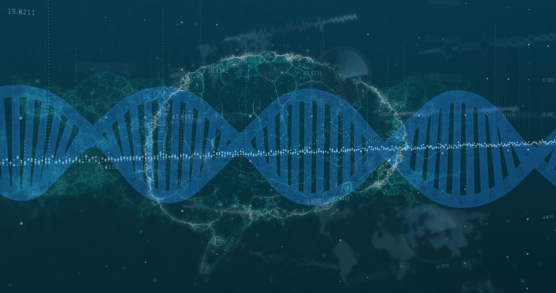 Rotating DNA Strand Above Human Brain with Digital Data Overlay
