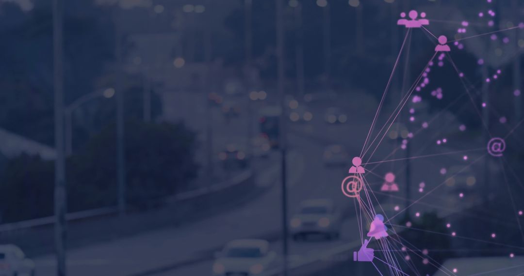 Overlay of Digital Network System On Busy City Highway At Twilight