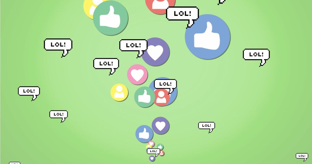 Social Media Icons Floating with Lol Text Banners on Green Background