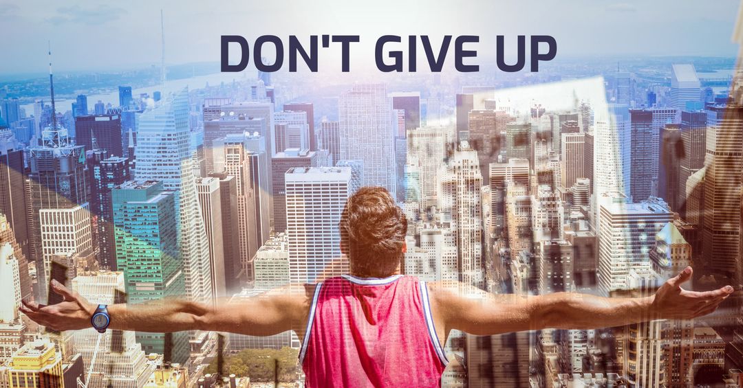 Man Embracing Cityscape Featuring Inspirational Message