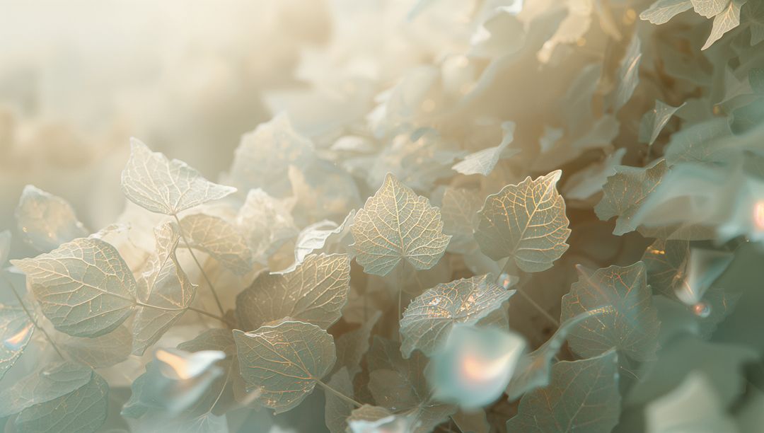 Sunlit Leaves with Dewdrops Creating Ethereal Atmosphere