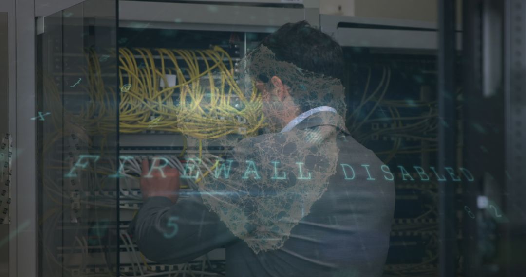 Firewall Safety Alert with Businessman in Server Room