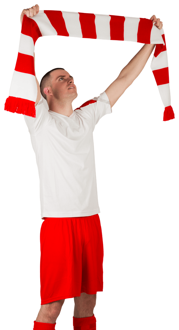 Football Player Holding Red and White Striped Scarf, Transparent Background