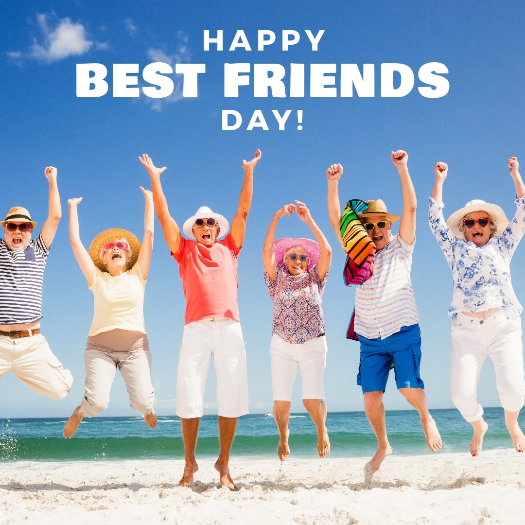 Best friends day text on cheerful caucasian senior friends jumping against blue sky on sunny day - Download Free Stock Templates Pikwizard.com