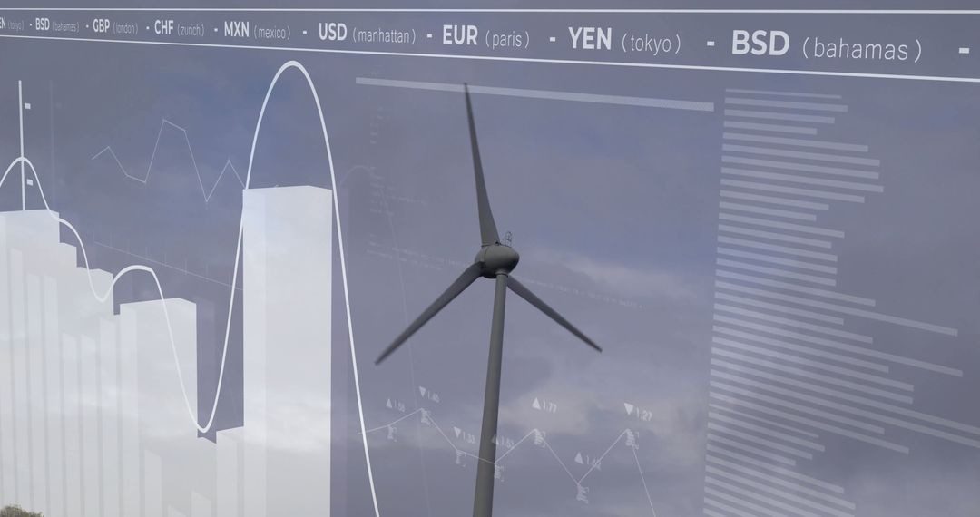 Modern Wind Turbine with Financial Data Overlays on Cloudy Day