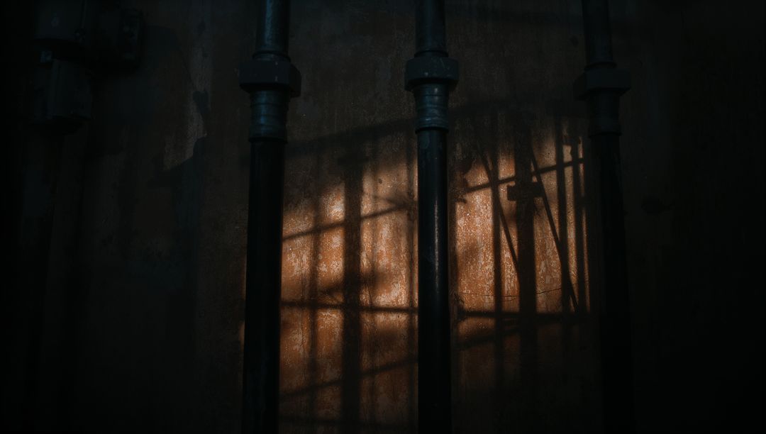 Atmospheric Shadows on Rusted Metal Wall with Vertical Pipes