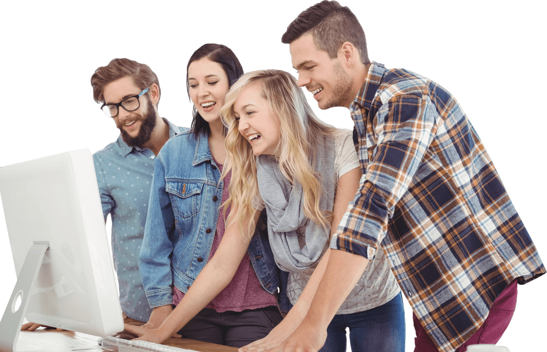 Transparent Group of Excited Colleagues Around Computer Collaborating