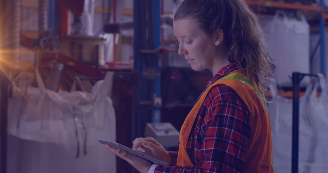 Caucasian Female Worker Using Tablet in Industrial Warehouse
