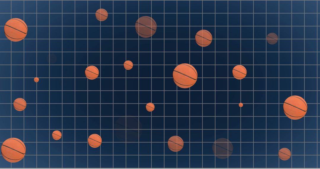 Floating Basketballs in Surreal Grid Space on Blue Background