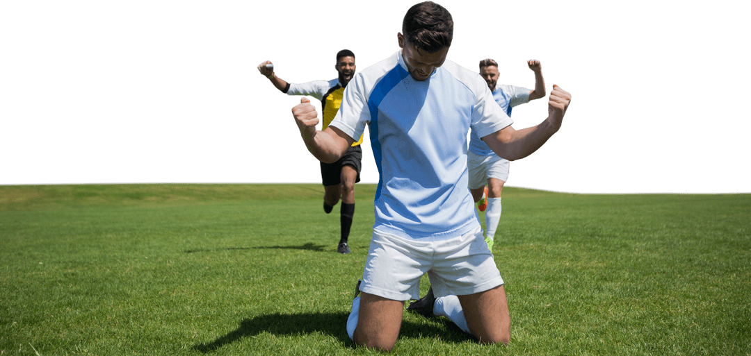 Transparent excited soccer players celebrating victory moment