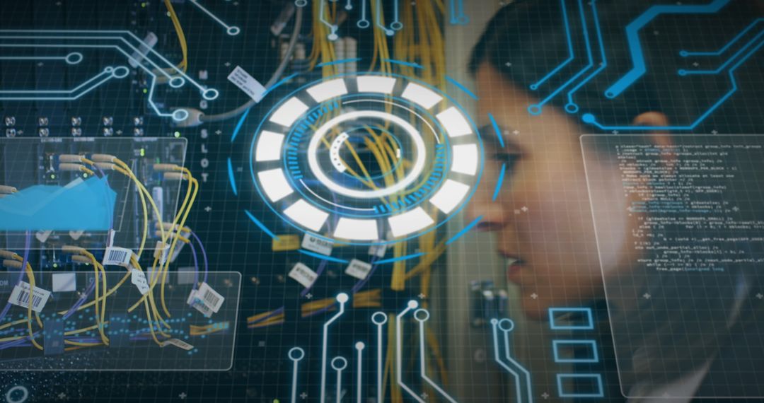 Female Engineer Analyzing Data in Server Room with Futuristic Interface