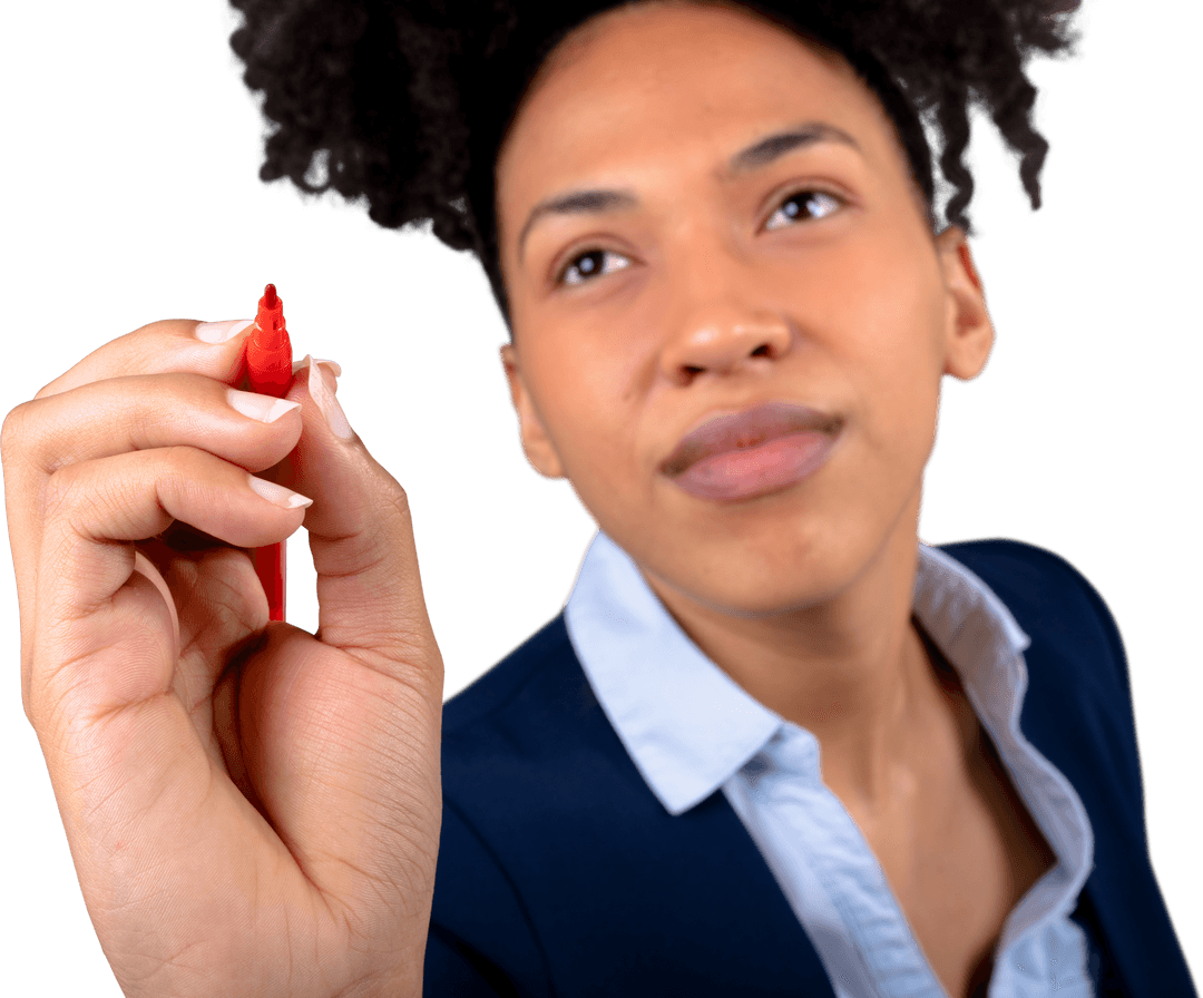 African American Woman Writing on Transparent Screen with Marker