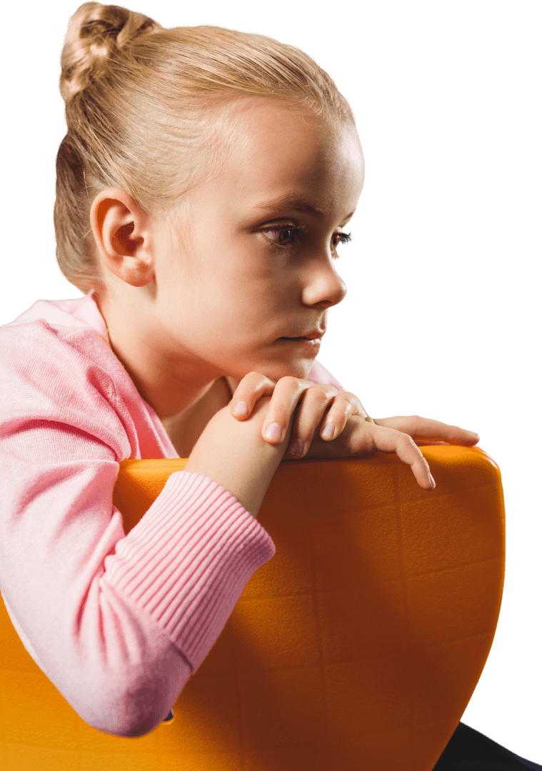 Thoughtful Girl Resting Over Back of Transparent Yellow Chair