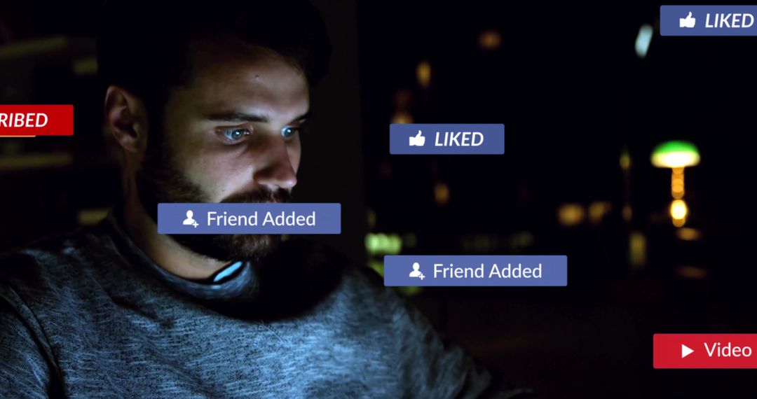 Man Scrolling with Floating Social Media Icons at Night