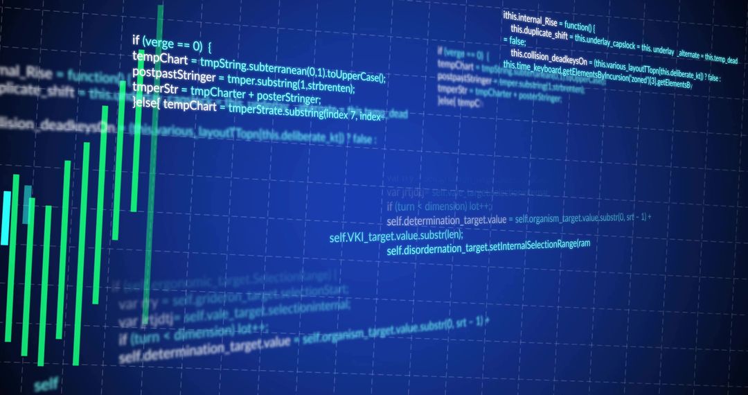 Digital Interface with Bar Chart and Overlaid Code Snippets
