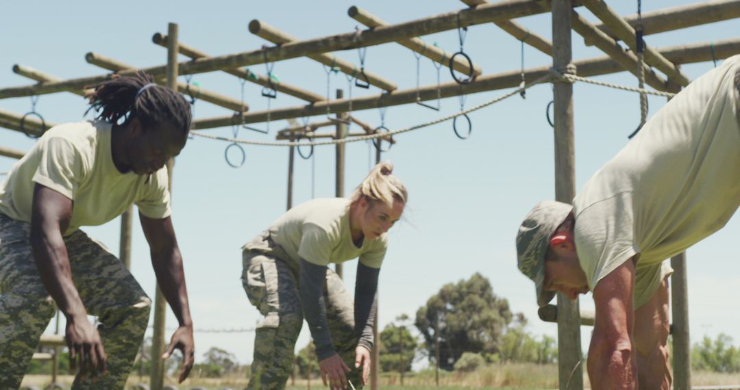 Military Training on Obstacle Course with Diverse Soldiers Exercising