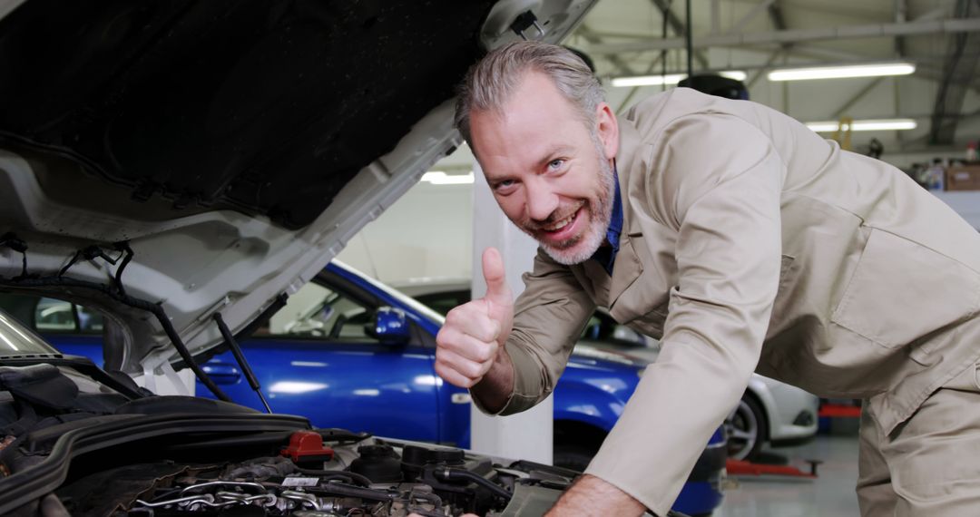 Smiling Mechanic Giving Thumbs Up While Fixing Car Engine - Free Images, Stock Photos and Pictures on Pikwizard.com