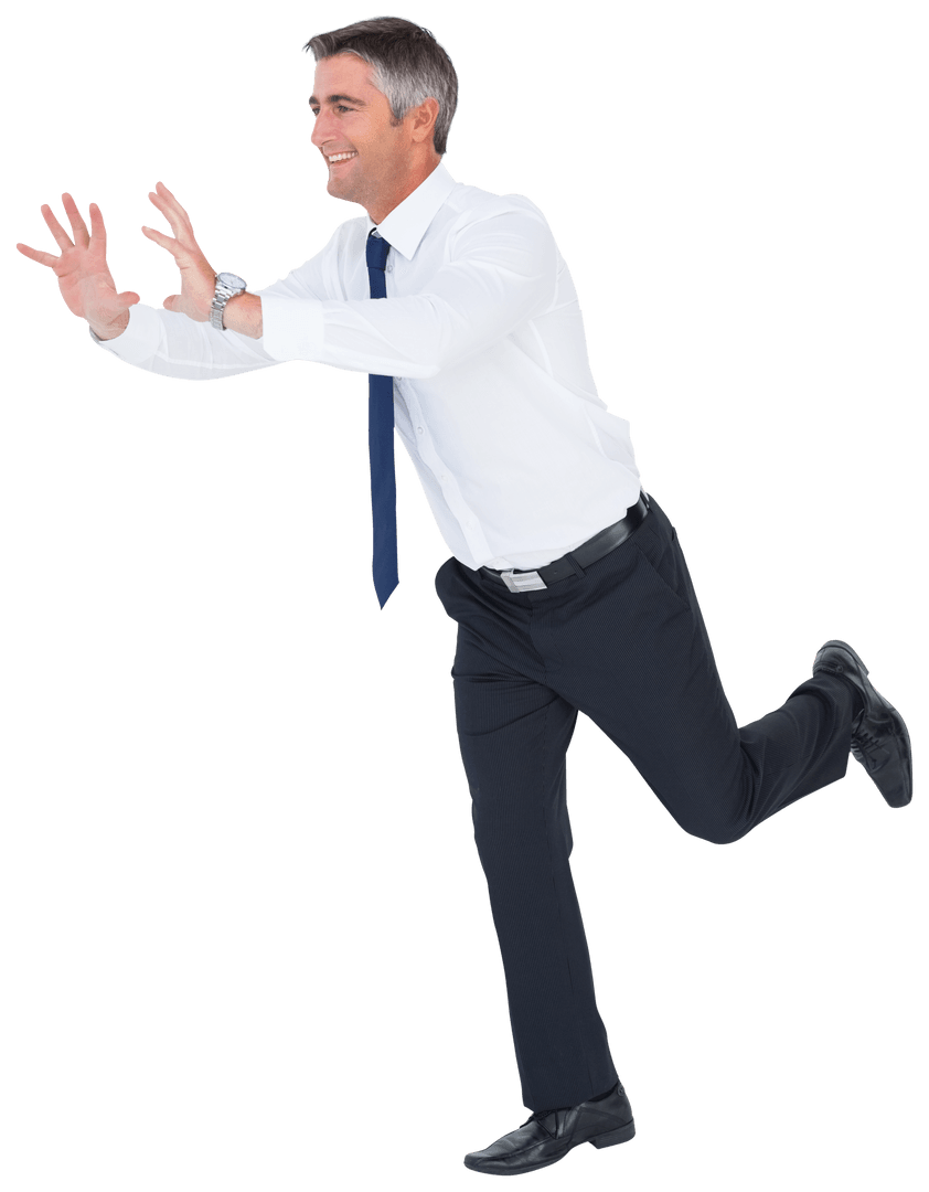 Businessman in White Shirt Pushing Object on Transparent Background