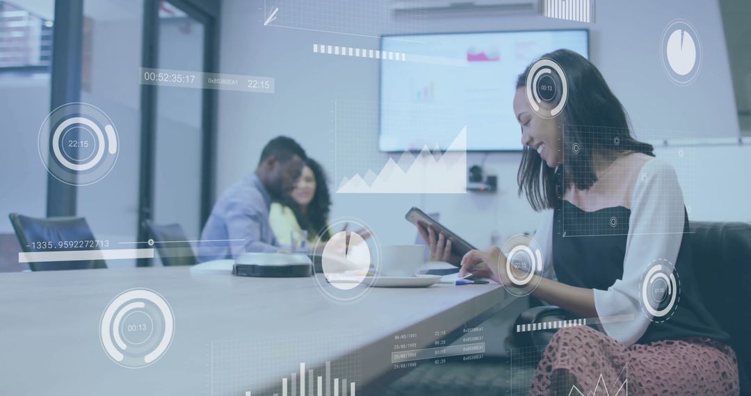 Businesswoman Analyzing Data on Tablet in Modern Conference Room