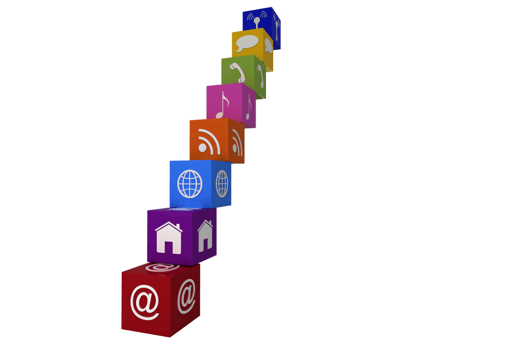 Colorful Cubes with Media Icons on Transparent Background