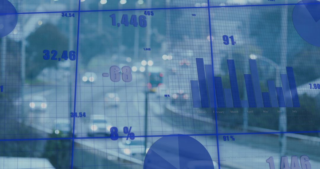 Digital Infographic Overlay with City Background Representing Business Analytics