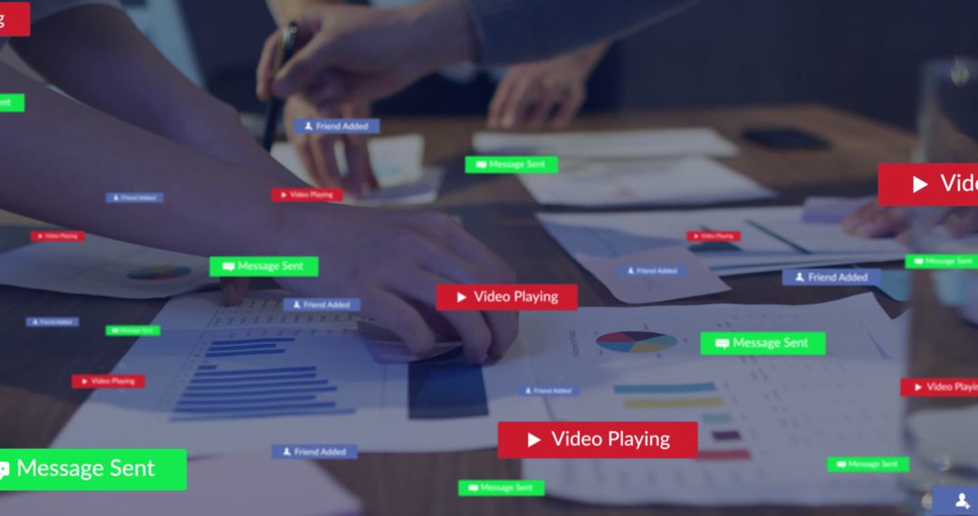 Business Colleagues Analyzing Reports amid Digital Notifications