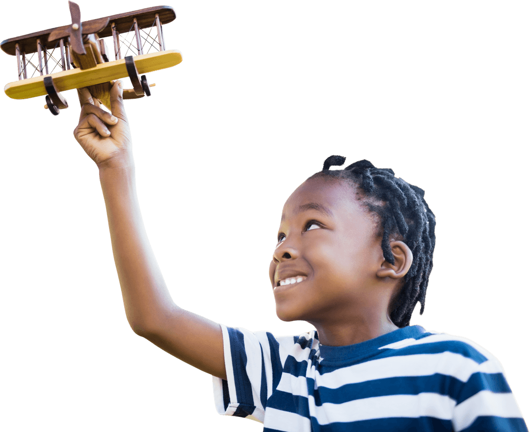 Joyful Boy Holding Wooden Toy Airplane on Transparent Background