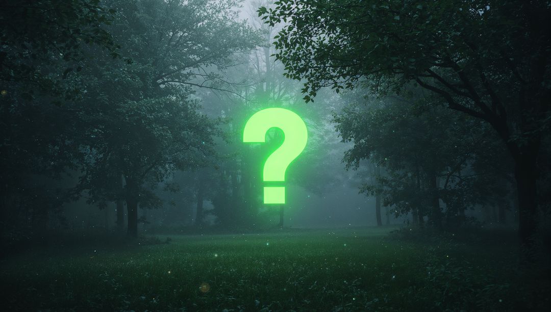 Glowing Question Mark in Mysterious Misty Forest Scene