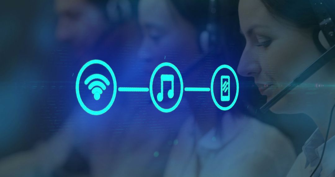 Business Professionals with Digital Media Icons in Office