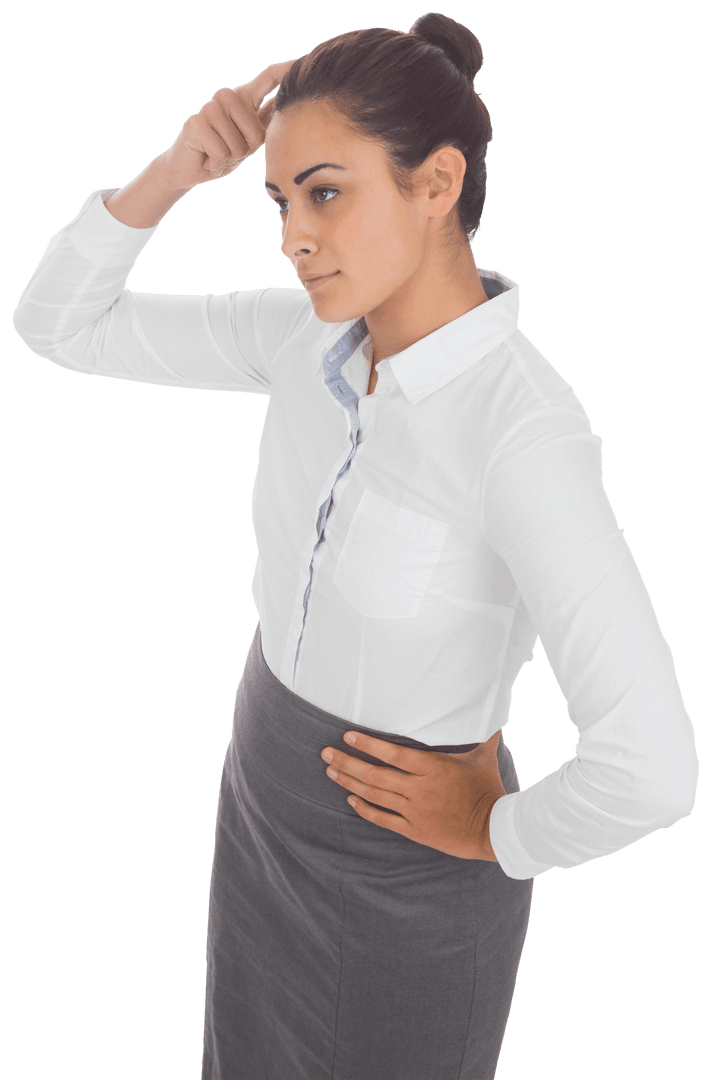 Caucasian Businesswoman Reflecting with Thoughtful Gesture Transparent