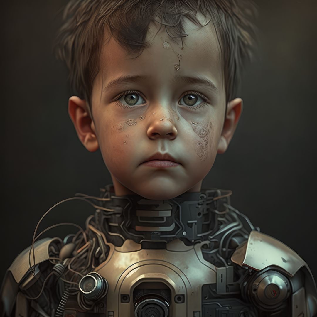 Young Boy with Futuristic Robotic Suit and Melancholic Expression - Free Images, Stock Photos and Pictures on Pikwizard.com