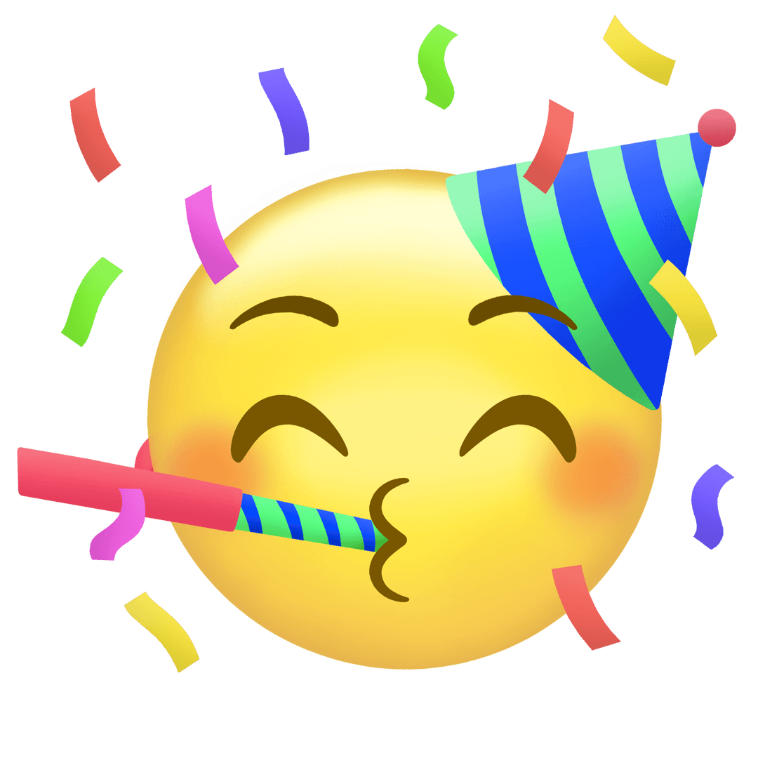 Whimsical Face Emoji with Party Hat and Confetti on Transparent