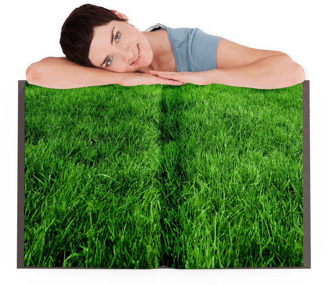 Dreamy Woman Resting on Open Book with Transparent Green Field