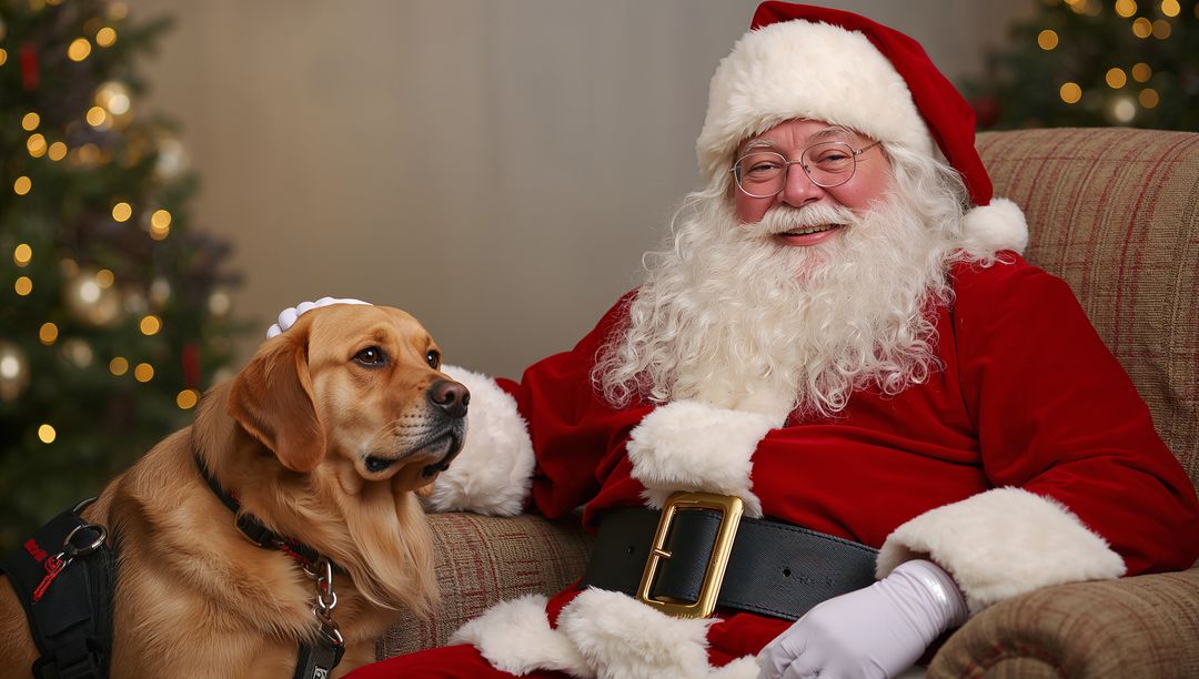 Santa Claus Petting Labrador by Christmas Tree, Festive Cheer