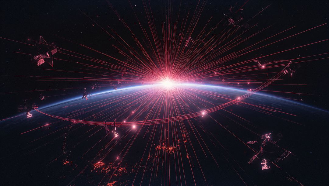 Red Laser Beam Tracing Earth's Curvature with Satellites