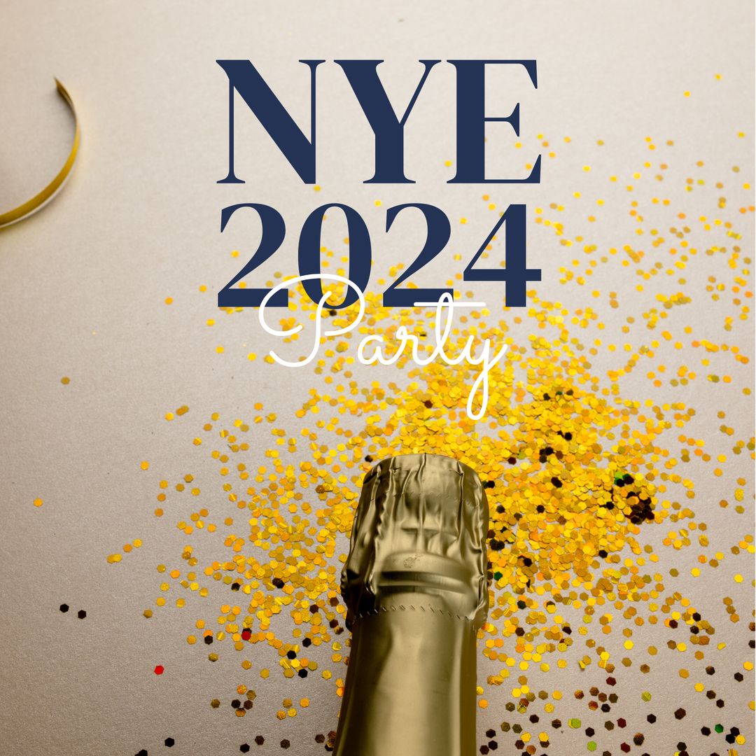 New Year's Eve 2024 Party Happy Celebration with Champagne Bottle and Confetti