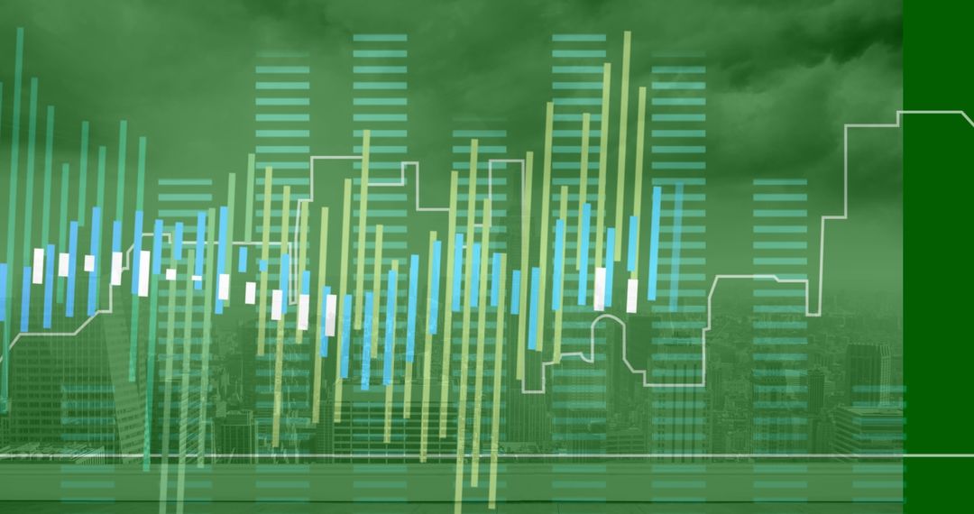 Digital Data Overlay Illustrating Financial Growth Trends in Cityscape