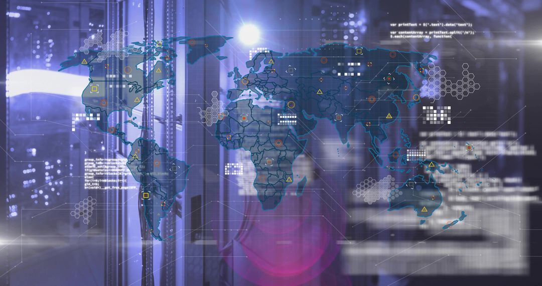 Digital World Map Overlay in Futuristic Server Room Environment