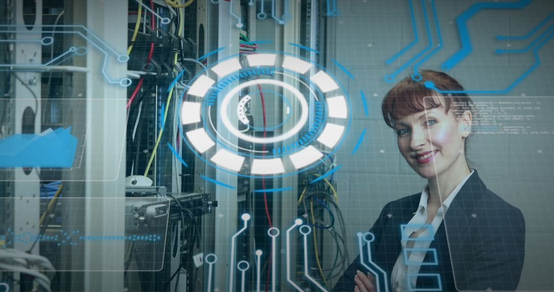 Caucasian Woman in Data Center with Digital Interface Displayed