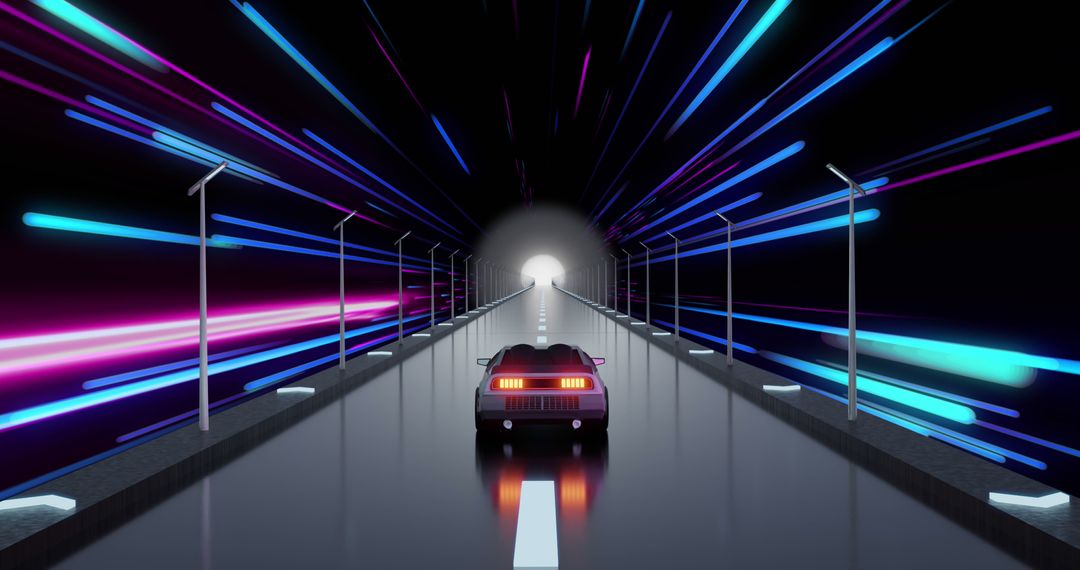 Futuristic Car Driving Through Neon Light Tunnel