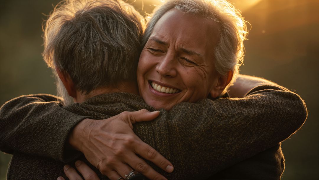 Smiling senior woman joyfully hugging partner at sunset golden hour warmth and connection