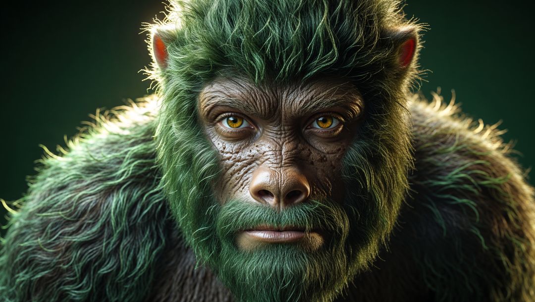 Surreal Green-Furred Primate with Amber Eyes in Bright Setting
