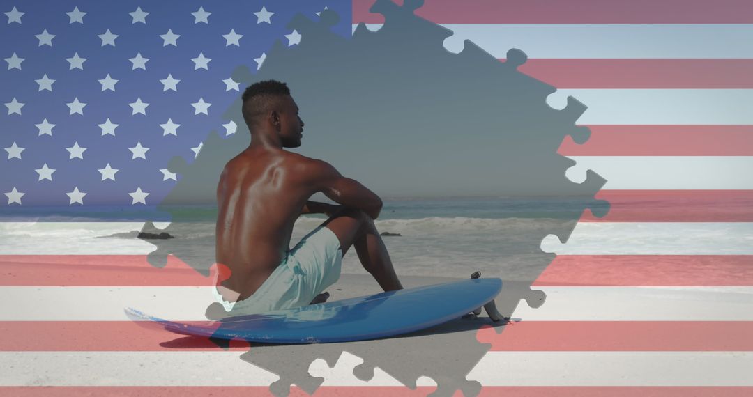 Man Sitting on Beach with Patriotic American Flag Overlay