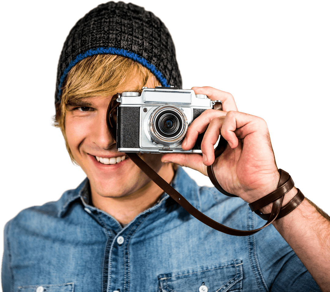 Smiling Hipster Man Using Transparent Vintage Camera Effectively