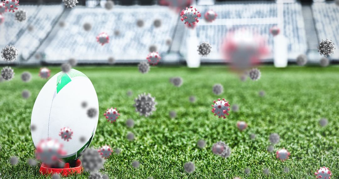 Rugby Ball on Field with Floating Virus Models Imagery