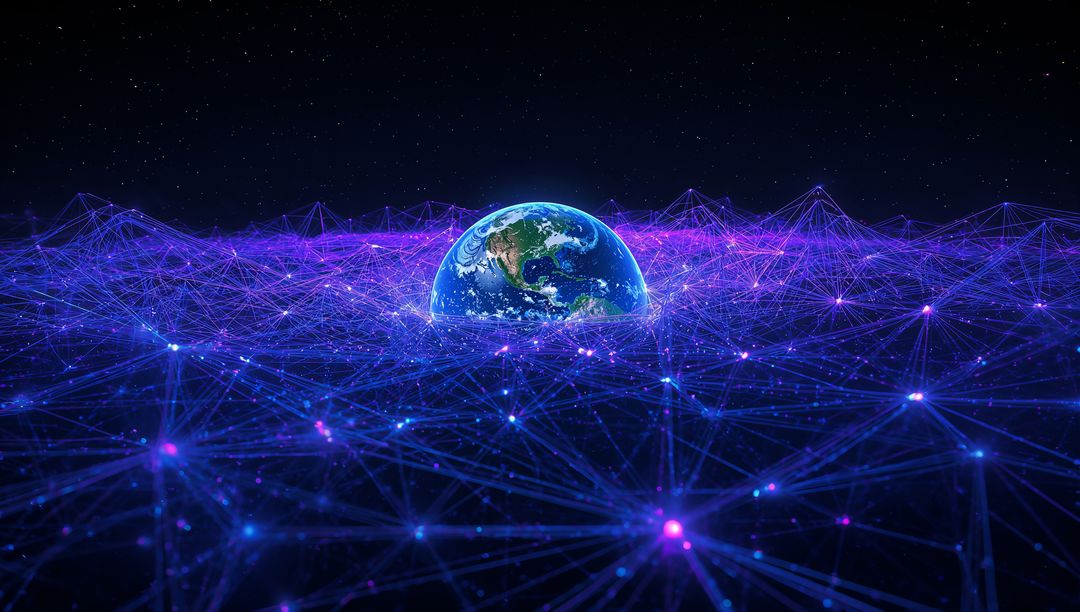 3D Futuristic Earth Rising Above Glowing Mesh Network