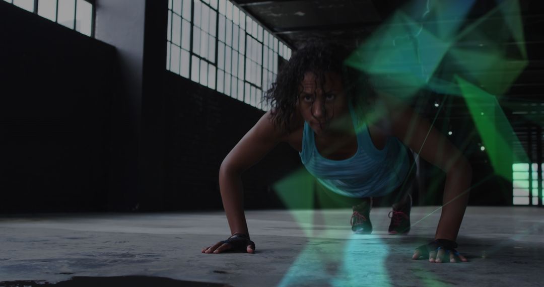 Focused Athlete Push-Up Workout in Industrial Space with Futuristic Elements
