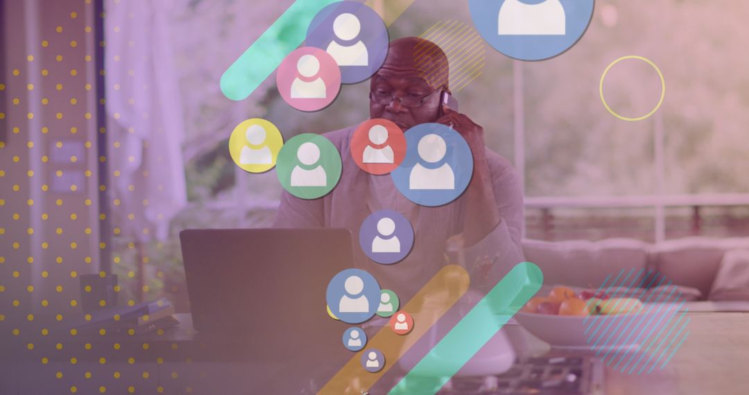 Man Engaging in Online Communication with Digital Media Icons